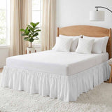 Bedliving Bed Skirt, White Solid Color Adjustable Elastic Wrap Around Dust Ruffle, Drop Pleated Style