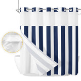 Bedliving No Hook Shower Curtain with Snap in Liner, Built-In Ring Fabric Shower Curtain Set, Mesh Top Window, Navy Blue White Cabana Stripe 72"x74"