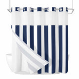 Bedliving No Hook Shower Curtain with Snap in Liner, Built-In Ring Fabric Shower Curtain Set, Mesh Top Window, Navy Blue White Cabana Stripe 72"x74"