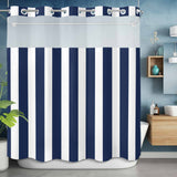 Bedliving No Hook Shower Curtain with Snap in Liner, Built-In Ring Fabric Shower Curtain Set, Mesh Top Window, Navy Blue White Cabana Stripe 72"x74"