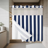 Bedliving No Hook Shower Curtain with Snap in Liner, Built-In Ring Fabric Shower Curtain Set, Mesh Top Window, Navy Blue White Cabana Stripe 72"x74"