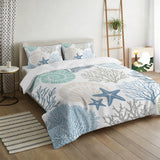 Bedliving Comforter Set 3 Pieces Coastal Coral Seashell Ocean Bedding with 2 Pillow Shams, Soft Microfiber Cover, Teal Blue