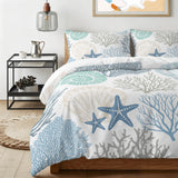 Bedliving Comforter Set 3 Pieces Coastal Coral Seashell Ocean Bedding with 2 Pillow Shams, Soft Microfiber Cover, Teal Blue
