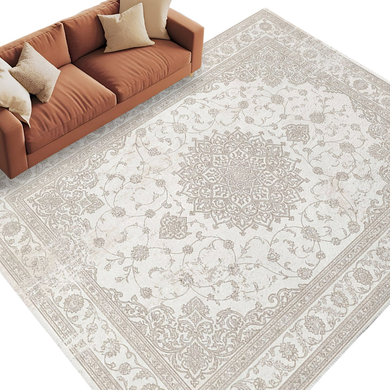 Rullikatlyi Area Rugs for Living Room Beige Vintage Distressed Medallion Washable Soft Boho Ethnic Floral Rug Bedroom Non-Slip Large Carpet Dining Office