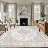 Rullikatlyi Area Rugs for Living Room Beige Vintage Distressed Medallion Washable Soft Boho Ethnic Floral Rug Bedroom Non-Slip Large Carpet Dining Office