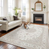 Rullikatlyi Area Rugs for Living Room Beige Vintage Distressed Medallion Washable Soft Boho Ethnic Floral Rug Bedroom Non-Slip Large Carpet Dining Office