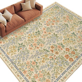 Rullikatlyi Area Rugs for Living Room Cream Boho Vintage Flower Washable Soft Pastoral Floral Border Rug Bedroom Non-Slip Large Carpet Dining Office