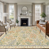 Bedliving x Washable Area Rug, Beige Vintage Floral Low Pile for