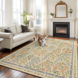 Rullikatlyi Area Rugs for Living Room Cream Boho Vintage Flower Washable Soft Pastoral Floral Border Rug Bedroom Non-Slip Large Carpet Dining Office