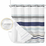 Bedliving No Hook Shower Curtain with Snap in Liner, Built-In Ring Fabric Shower Curtain Set, Mesh Top Window, Blue Grey Modern Stripe 72"x74"