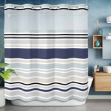 Bedliving No Hook Shower Curtain with Snap in Liner, Built-In Ring Fabric Shower Curtain Set, Mesh Top Window, Blue Grey Modern Stripe 72"x74"