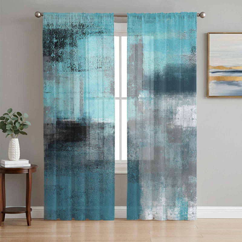 Bedliving Sheer Curtains Inches Long 2 Panels Turquoise Grey Abstract Art Light Filtering Voile Drapes Rod Pocket for Bedroom Living Room Decor
