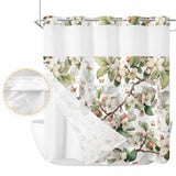 Bedliving No Hook Shower Curtain with Snap in Liner, Built-In Ring Fabric Shower Curtain Set, Mesh Top Window, Green White Botanical Floral 72"x74"