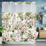 Bedliving No Hook Shower Curtain with Snap in Liner, Built-In Ring Fabric Shower Curtain Set, Mesh Top Window, Green White Botanical Floral 72"x74"