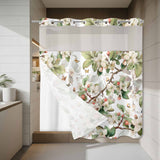 Bedliving No Hook Shower Curtain with Snap in Liner, Built-In Ring Fabric Shower Curtain Set, Mesh Top Window, Green White Botanical Floral 72"x74"