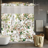 Bedliving No Hook Shower Curtain with Snap in Liner, Built-In Ring Fabric Shower Curtain Set, Mesh Top Window, Green White Botanical Floral 72"x74"