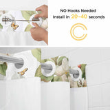 Bedliving No Hook Shower Curtain with Snap in Liner, Built-In Ring Fabric Shower Curtain Set, Mesh Top Window, Green White Botanical Floral 72"x74"