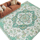 Rullikatlyi Area Rugs for Living Room Green Vintage Distressed Floral Washable Soft Bohemian Ethnic Geometric Rug Bedroom Non-Slip Large Carpet Dining Office
