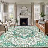 Rullikatlyi Area Rugs for Living Room Green Vintage Distressed Floral Washable Soft Bohemian Ethnic Geometric Rug Bedroom Non-Slip Large Carpet Dining Office