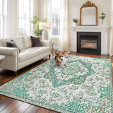 Rullikatlyi Area Rugs for Living Room Green Vintage Distressed Floral Washable Soft Bohemian Ethnic Geometric Rug Bedroom Non-Slip Large Carpet Dining Office