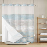 Bedliving No Hook Shower Curtain with Snap in Liner, Built-In Ring Fabric Shower Curtain Set, Mesh Top Window, Blue Beige Coastal Wave Bath 72"x74"