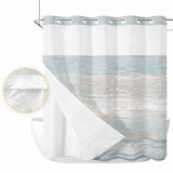 Bedliving No Hook Shower Curtain with Snap in Liner, Built-In Ring Fabric Shower Curtain Set, Mesh Top Window, Blue Beige Coastal Wave Bath 72"x74"