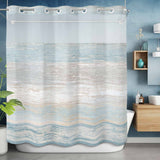 Bedliving No Hook Shower Curtain with Snap in Liner, Built-In Ring Fabric Shower Curtain Set, Mesh Top Window, Blue Beige Coastal Wave Bath 72"x74"