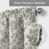 Light Green Floral Kitchen Window Valance Curtain, Retro Farmhouse Botanical Leaf Branch Rod Pocket Light Filtering Window Topper, 54 x 18 Inch, 1 Panel