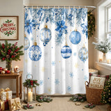 Shower Curtain for Bathroom Blue Christmas Balls Decorative Shower Curtains Set with 12 Hooks Winter Xmas Ball Poinsettia Snowflake Bath Curtain Waterproof Fabric 72x72 inch