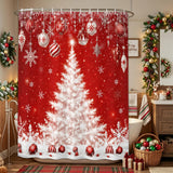 Shower Curtain for Bathroom Red White Christmas Tree Hanging Ornaments Decorative Shower Curtains Set with 12 Hooks Snowflakes Bath Curtain Waterproof Fabric 72x72 inch