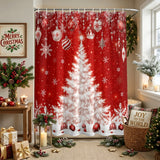 Shower Curtain for Bathroom Red White Christmas Tree Hanging Ornaments Decorative Shower Curtains Set with 12 Hooks Snowflakes Bath Curtain Waterproof Fabric 72x72 inch
