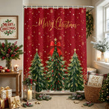 Shower Curtain for Bathroom Red Christmas Tre Bow Decorative Shower Curtains Set with 12 Hooks Gold Snowflakes Bath Curtain Waterproof Fabric 72x72 inch