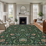 Bedliving x Washable Area Rug, Dark Green Vintage Floral Low Pile for