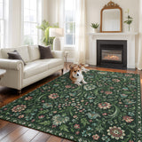 Bedliving x Washable Area Rug, Dark Green Vintage Floral Low Pile for